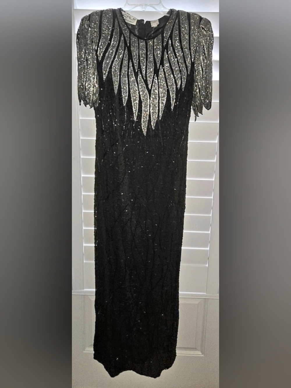 Vintage SCALA Black Silver Beaded Maxi Evening Gown 100% Silk Like New S